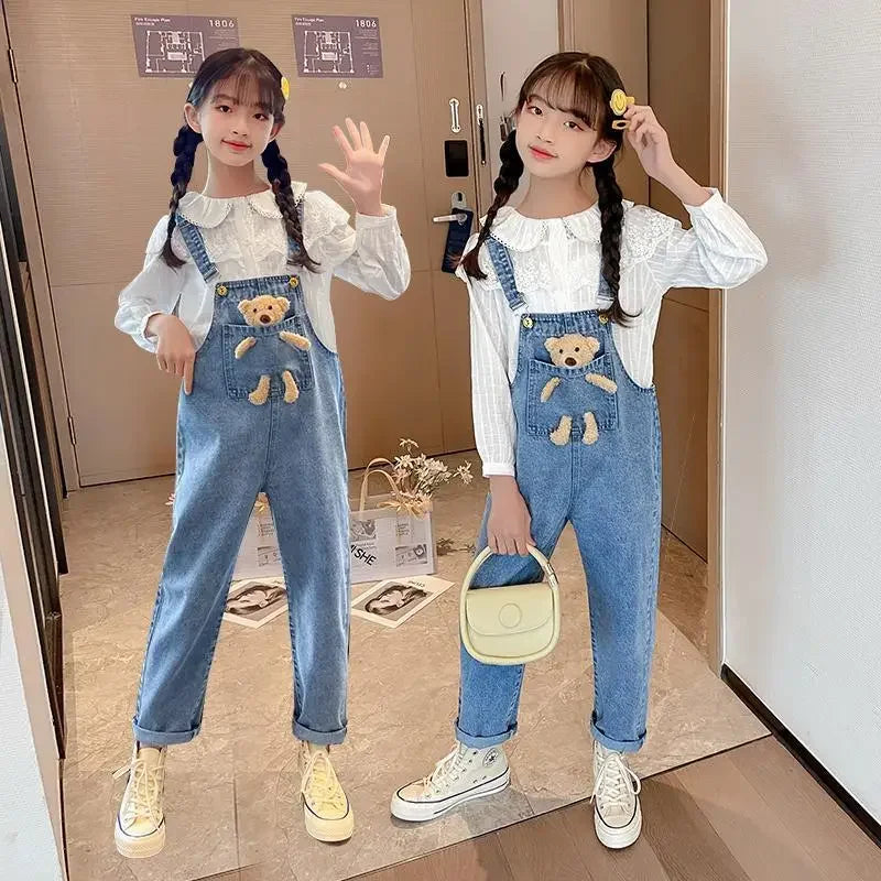 2024 Spring Autumn Children Denim Bib Jumpsuit Pockets with Bear Kids Overalls Jeans for Girls Teenage Girls Suspender Trousers