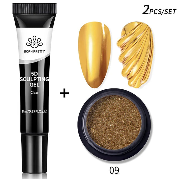 BORN PRETTY 2Pcs/Set 8ml 5D Sculpting Gel with Solid Mirror Powder DIY Nail Embossing Gel for Painting Carving Nails