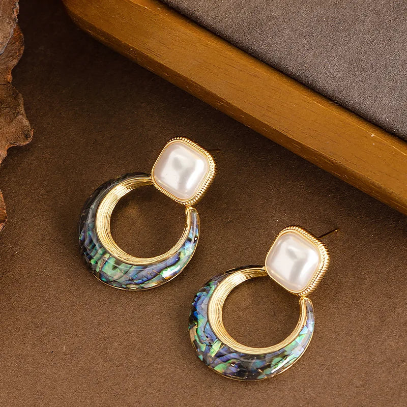 Luxury Pearl Shell Earring Ring Brooch Jewelry Set, Natural Stone Ring & Flower Earring,Women's Elegant Clothing Decoration Gift