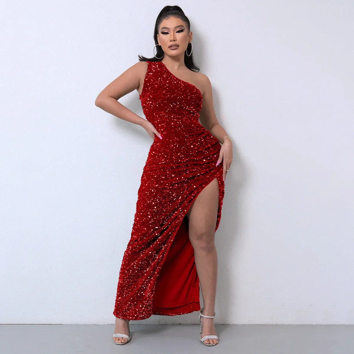 2023 Amazon Independent Station Fashionable Sleeveless Sequins Flannelette Single Shoulder Side Slit Evening Dress