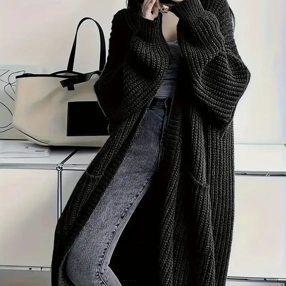 Women's Solid Open Front Knit Cardigan with Pockets - Casual Long Sleeve Sweater for Comfortable Layering