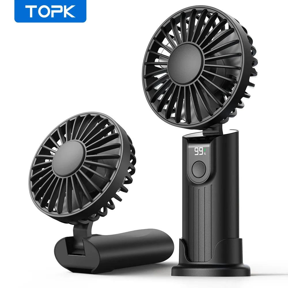 TOPK 5000mAh Mini Portable Fan USB Rechargeable Hand Held Fan,Small Pocket Fan 3 Speeds with Lanyard &Base,USB Desk Fan Foldable