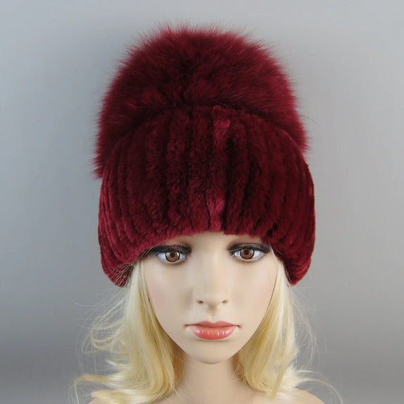 Luxury Women Winter Luxury Real Rex Rabbit Fur Hat Scarf 2 Pieces Knitted Rex Rabbit Fur Hat Top Natural Fox Fur Cap Scarves Set
