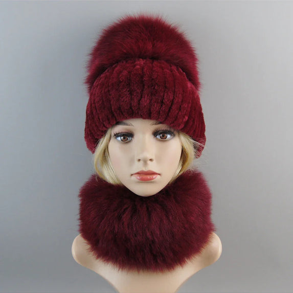 Luxury Women Winter Luxury Real Rex Rabbit Fur Hat Scarf 2 Pieces Knitted Rex Rabbit Fur Hat Top Natural Fox Fur Cap Scarves Set