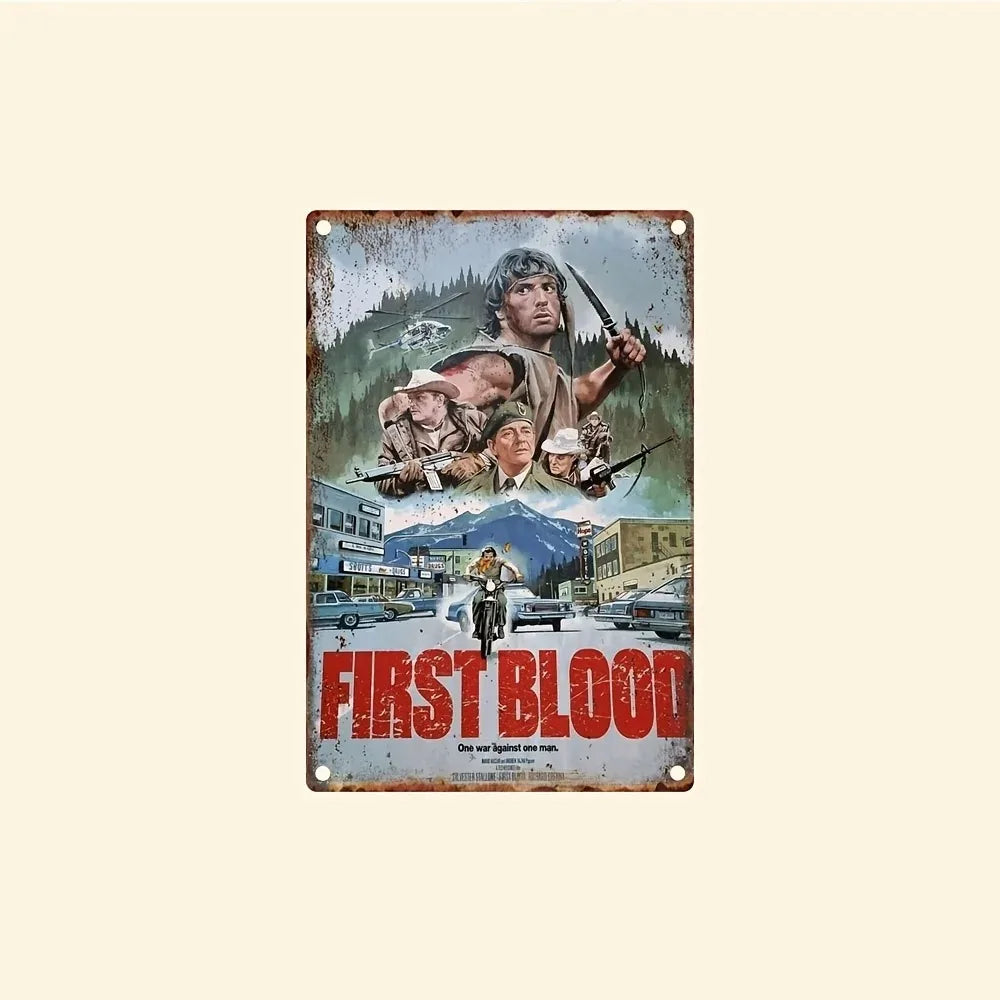 RamboNostalgiaCo Vintage "First Blood" Metal Sign | Aluminum Wall Art | Pre-Drilled for Home, Cafe & Holiday Decor | Ideal