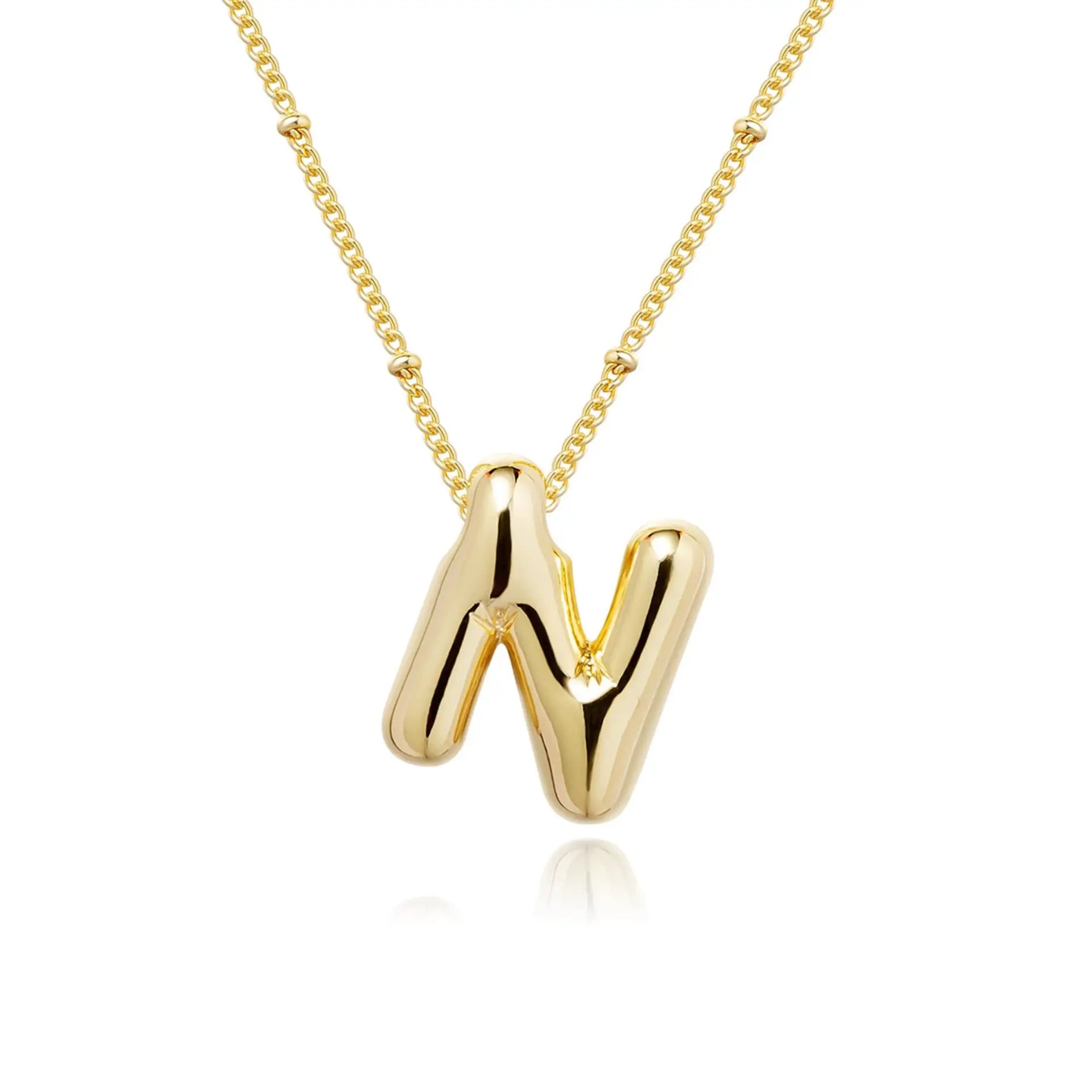 LATS Gold Plated Metal Chunky Alphabet Balloon Bubble Initial Letter Pendant Necklace for Women Men Boy Fashion Jewelry