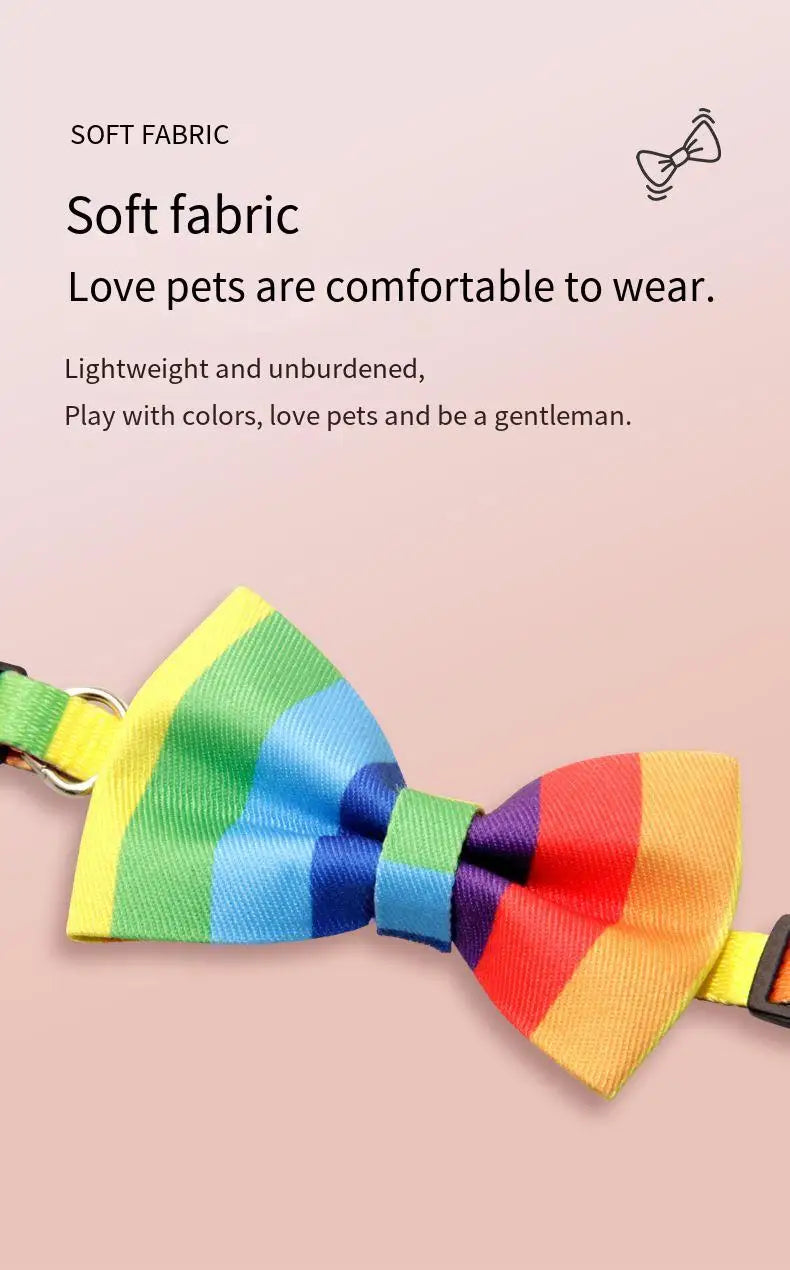 Hereyougo Pet Stylish Rainbow Bow Tie Cat Collar Breakaway Nylon with Pride Pattern Design for Pet Dogs and Cats