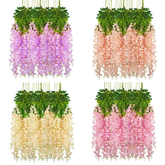 12pcs Artificial Flowers Silk Wisteria Vine Fake Silk Hanging Flower for Wedding Party Garden Outdoor Greenery Home Wall Decor