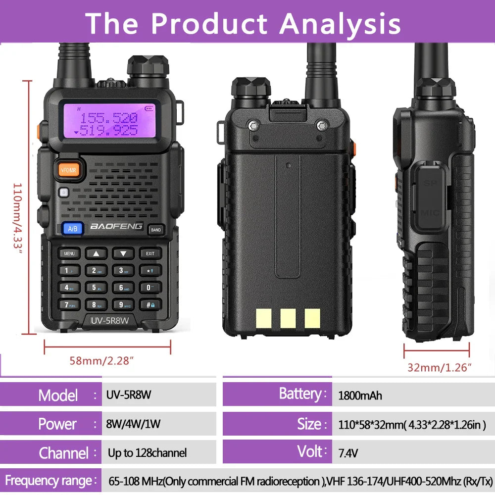 Baofeng Walkie Talkie UV 5R 5W 8W Dual Band Ham Two Way Radio Vhf Uhf FM Radio Handheld Transceiver Hunting 16KM