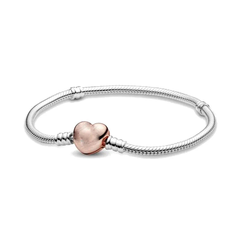 Hot Selling Fashion 925 Sterling Silver Heart Flower Round Clasp Snake Chain Bracelet Bracelets For Bead Charm Jewelry Marking