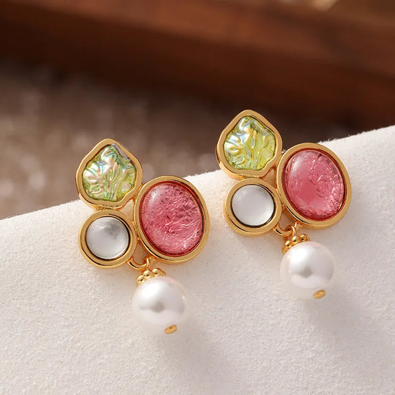 Luxury Pearl Shell Earring Ring Brooch Jewelry Set, Natural Stone Ring & Flower Earring,Women's Elegant Clothing Decoration Gift