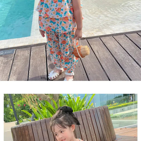 2024 Summer New baby Girls' Suits Cute Floral Vest And Anti-Mosquito Pants Children Clothing Sets Fashion Kids Outfit