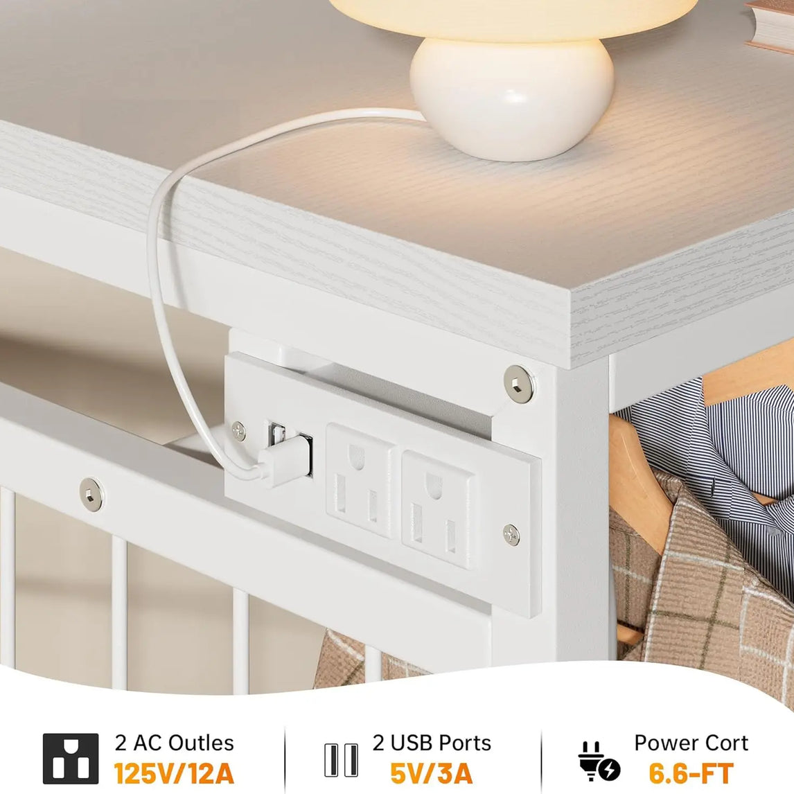 49.2" W White Dresser for Bedroom with Hanging Rack, 6 Drawers Dresser with LED Lights & Charging Station, Fabric Dressers