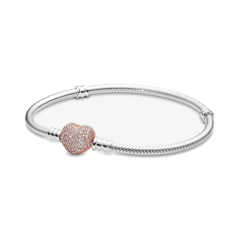 Hot Selling Fashion 925 Sterling Silver Heart Flower Round Clasp Snake Chain Bracelet Bracelets For Bead Charm Jewelry Marking