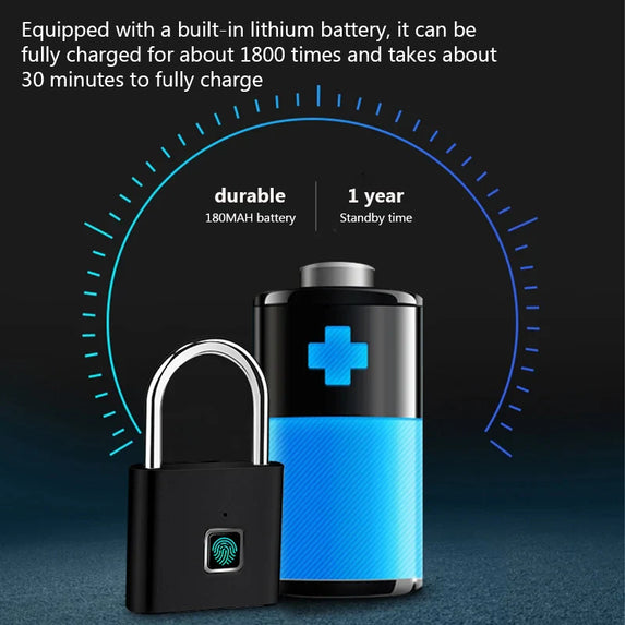 Smart Fingerprint Padlock Waterproof Zinc Alloy Biometric Padlocks With Buit-in Rechargeable Battery USB Charge