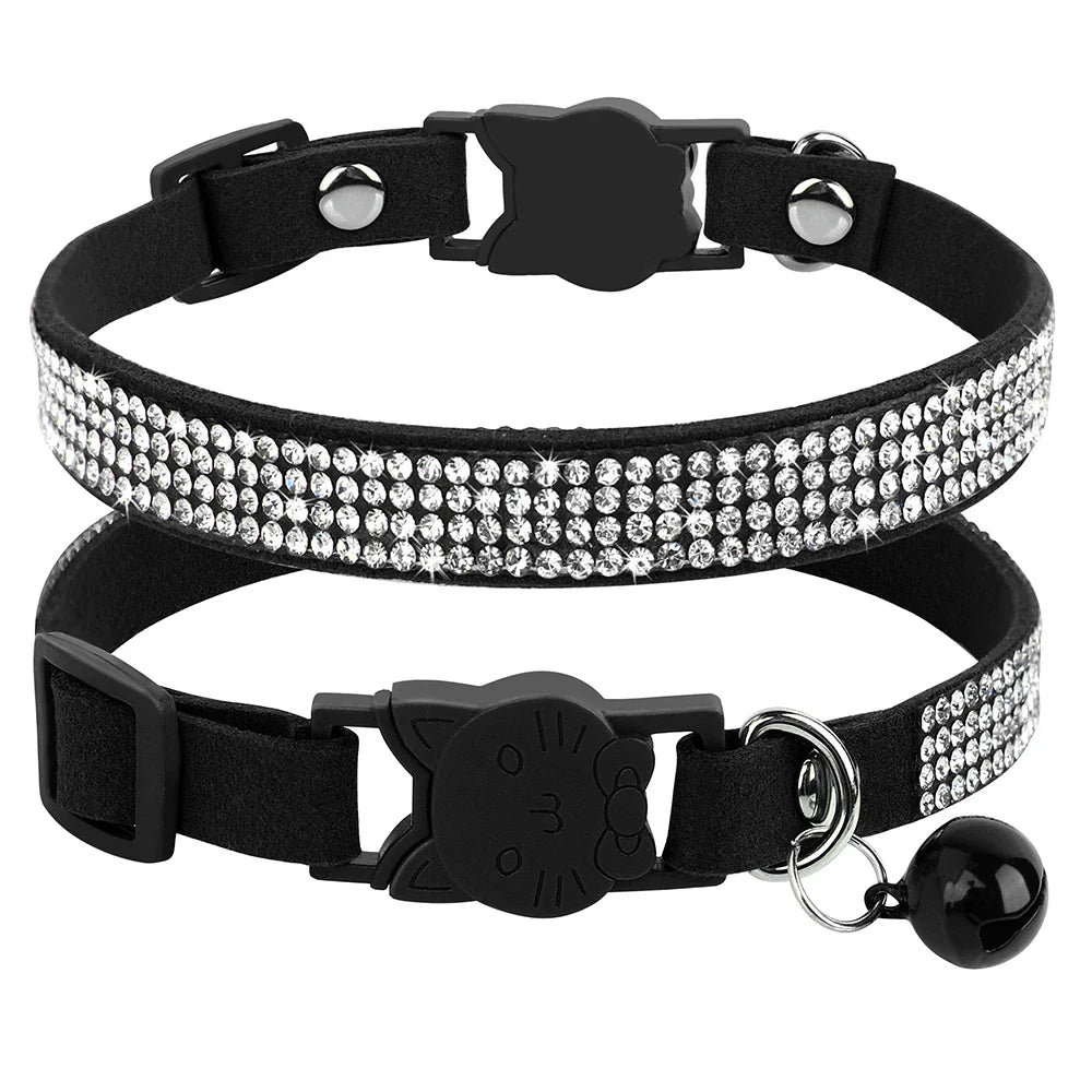 Suede Leather Cat Collar Bling Rhinestone Cats Collars with Bell Safety Breakaway Pet Puppy Necklace Adjustable XS S Pink Soft