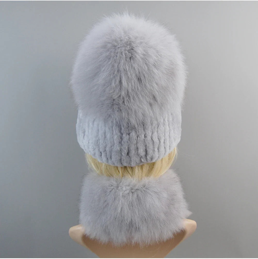 Luxury Women Winter Luxury Real Rex Rabbit Fur Hat Scarf 2 Pieces Knitted Rex Rabbit Fur Hat Top Natural Fox Fur Cap Scarves Set