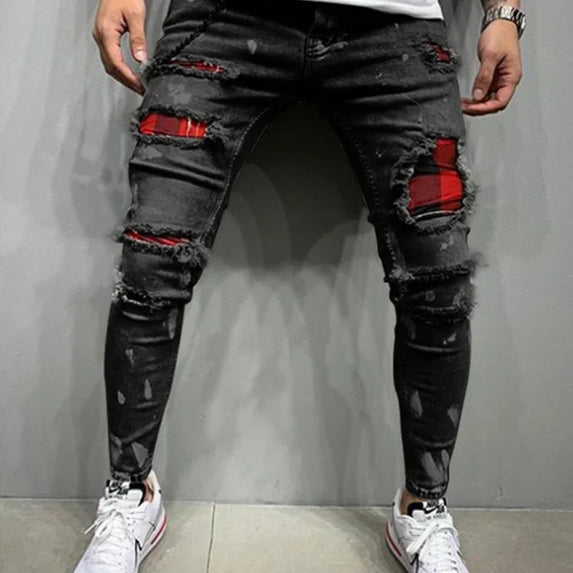High Quality Fashion Men Painted Stretch Skinny Jeans Slim Fit Ripped Distressed Pleated Knee Patch Casual Men's Brand Clothing