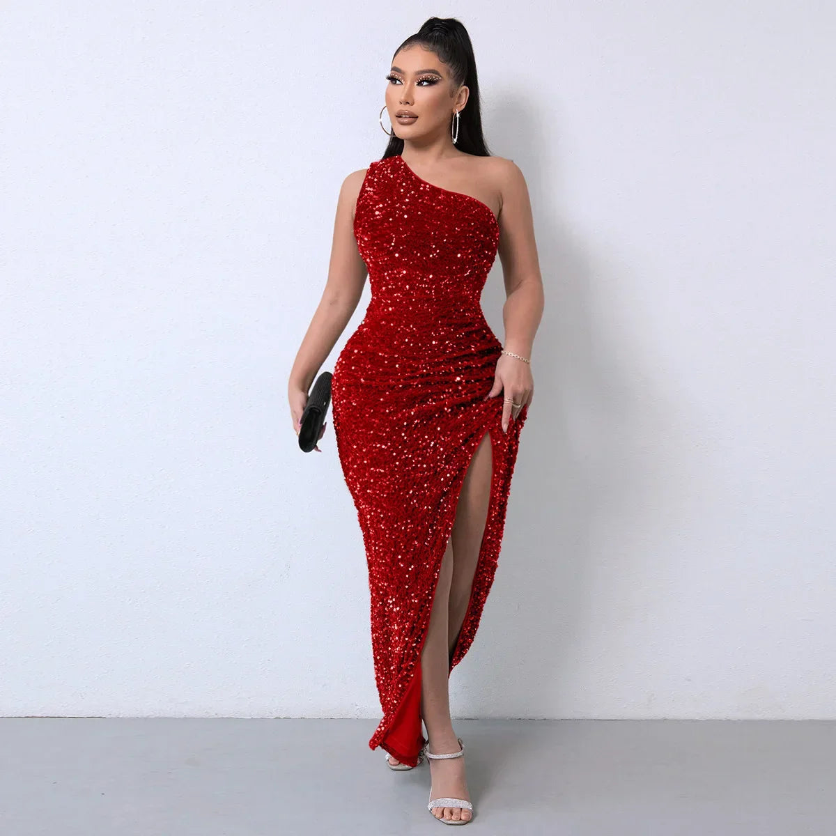 2023 Amazon Independent Station Fashionable Sleeveless Sequins Flannelette Single Shoulder Side Slit Evening Dress
