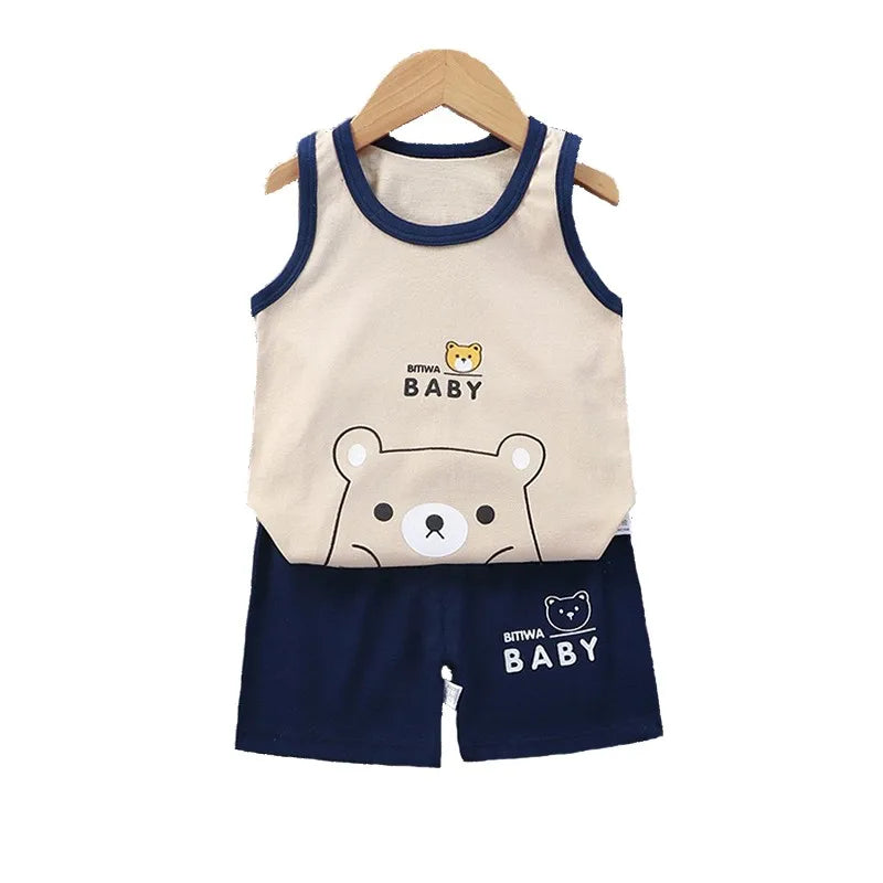 Cartoon Lion Pajamas Vest+Shorts 2-Piece Clothing Set Summer Kids Baby Boys Girls Cotton Casual Tracksuit Clothes Suit 1-6 Years