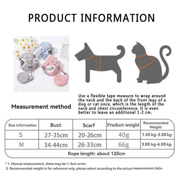 Adjustable Bear Decoration Dog Vest Chest Harness Breathable Pet Cat Harness Leash Set Teddy Small Dog Walking Rope