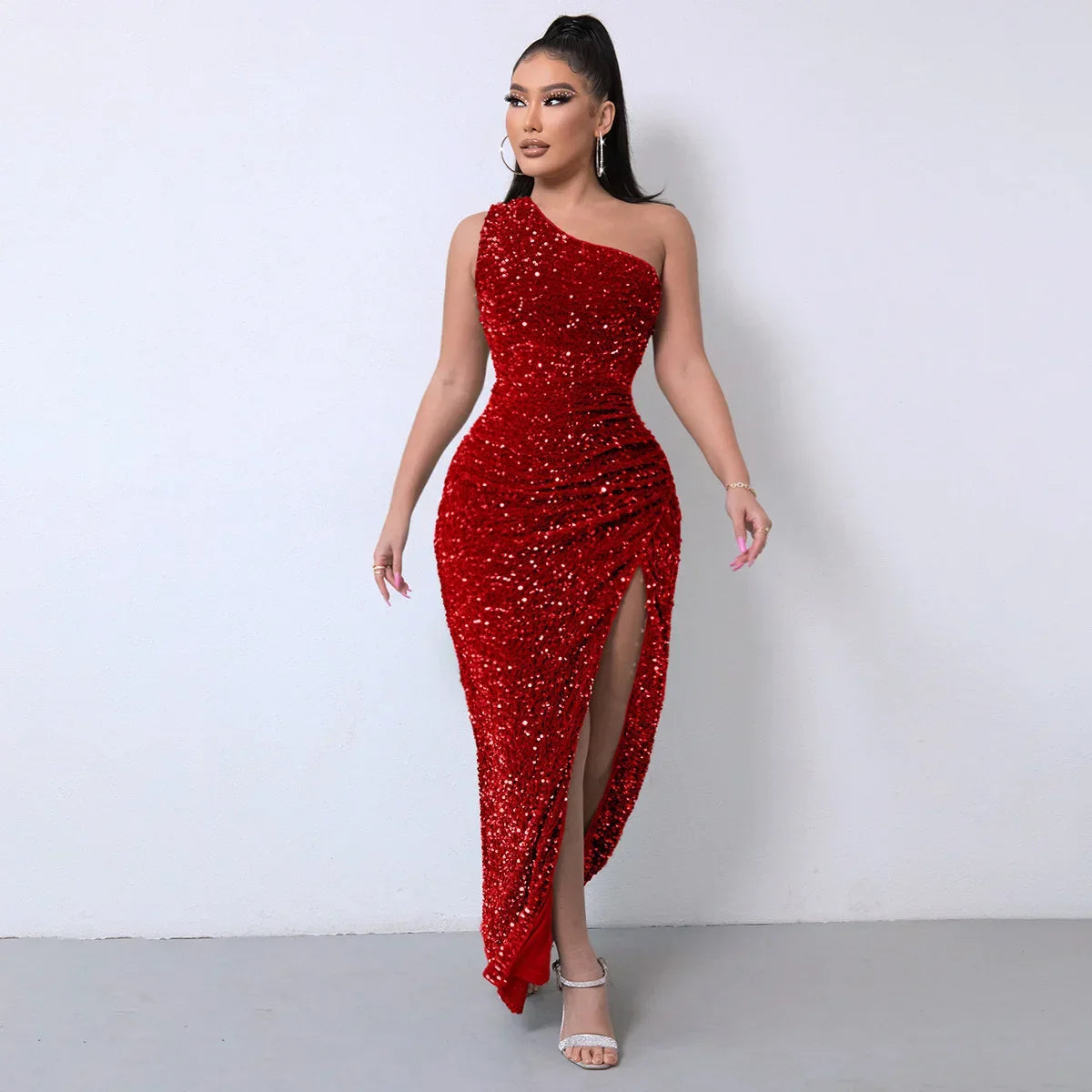 2023 Amazon Independent Station Fashionable Sleeveless Sequins Flannelette Single Shoulder Side Slit Evening Dress