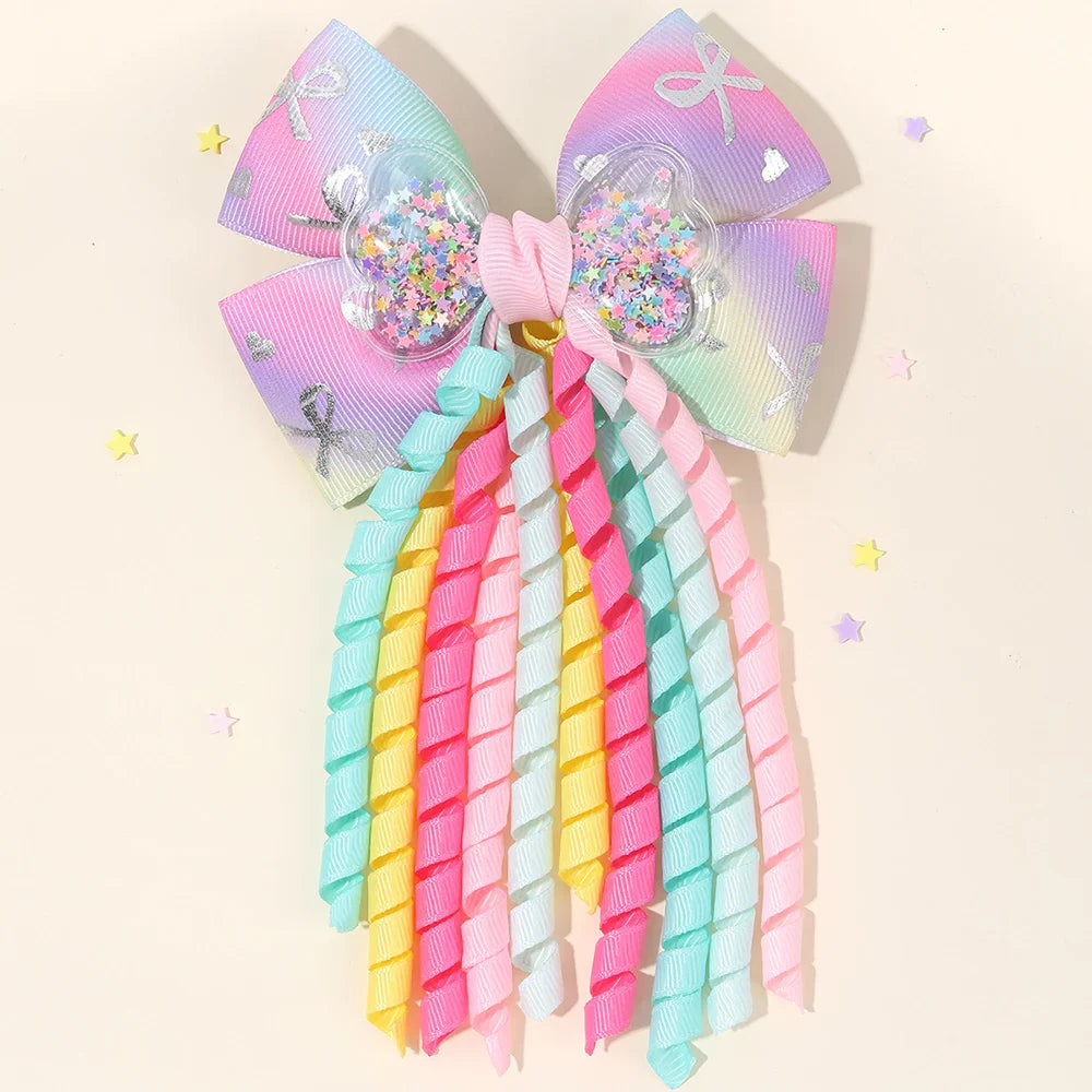 Sweet Unicorn Hair Clips For Girl Bow Barrette Cute Tassel Ribbon Curly Ponytail Hairpins Accessories