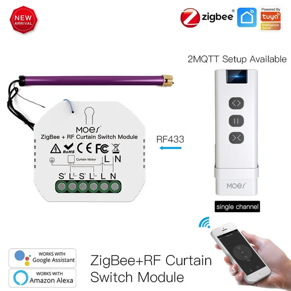 MoesHouse DIY ZigBee Smart RF433 Curtain Switch Module  for Motorized Roller Blinds Motor 2MQTT Smart Life APP Alexa Google Home