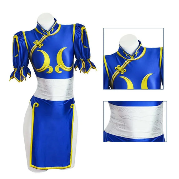 Chun Li Cosplay Dress Costume Game SF Chunli Role Play Blue Qipao Outfit Full Set Jackie Kung fu Halloween Party Suit For Fun