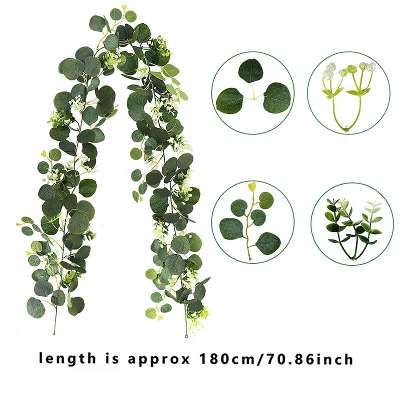 Artificial Eucalyptus Leaves Greenery Garland Faux Plant Spring Vines with White Flowers Berries for Wedding Home Party Decor