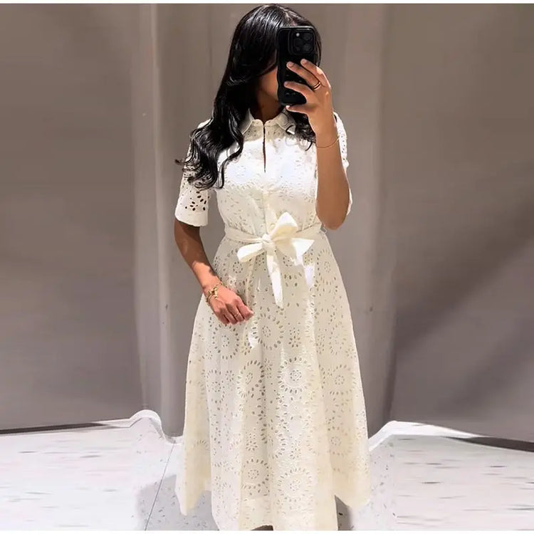Elegant Embroidered Lapel Hollow Dress Women Fashionable Short Sleeve Belt High Waist Maxi Dresses Female Summer Chic Casual