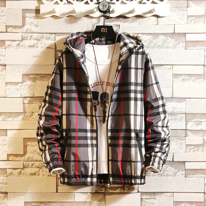 Trendy Korean Style Men's Plaid Jacket Spring Autumn New Arrival Slim Fit Hooded Versatile Casual Clothing From China
