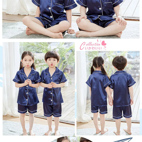 Summer Short Sleeve Satin Pajamas Silk Fabric Girls Sleepwear Boys Nightwear Solid Children's Pajama Sets Pyjamas Boy Baby Wear