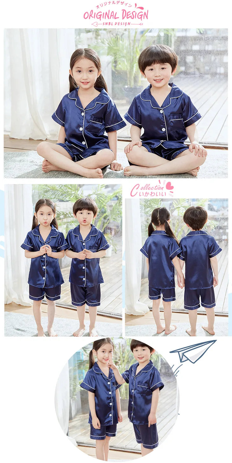 Summer Short Sleeve Satin Pajamas Silk Fabric Girls Sleepwear Boys Nightwear Solid Children's Pajama Sets Pyjamas Boy Baby Wear