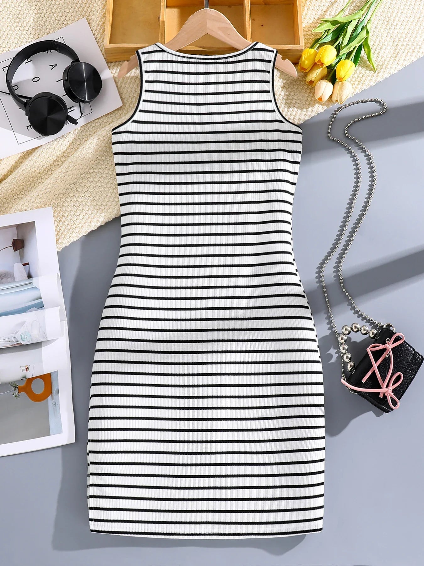 Spring and summer girls fashion casual clothing micro-elastic round neck sleeveless striped skirt tight skirt summer cool breath
