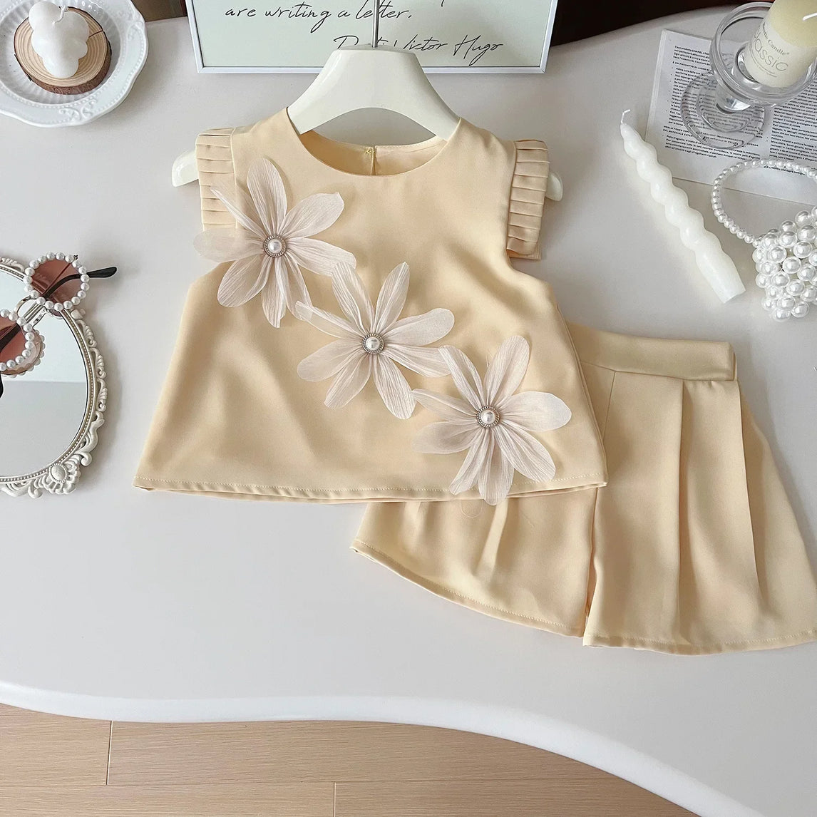 Children's Suit For Girls Summer Cute Three Flowers Short Sleeve Tshirt + Shorts 2 PC Sets Casual Outfit Baby Kids Clothing 