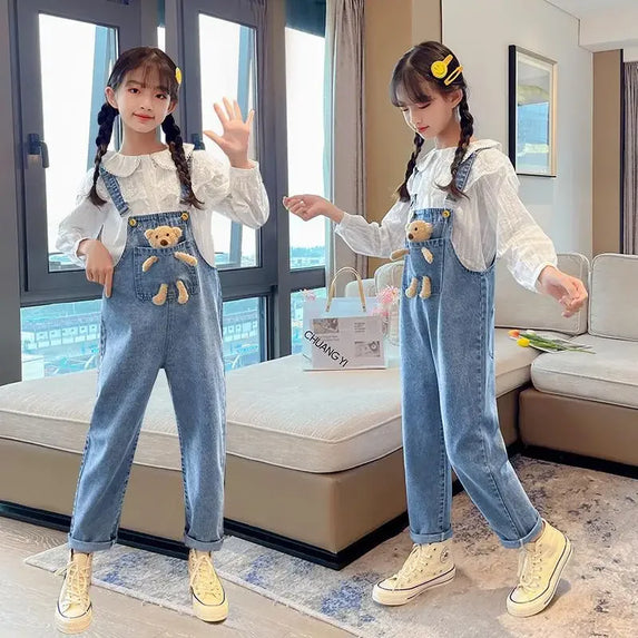 2024 Spring Autumn Children Denim Bib Jumpsuit Pockets with Bear Kids Overalls Jeans for Girls Teenage Girls Suspender Trousers