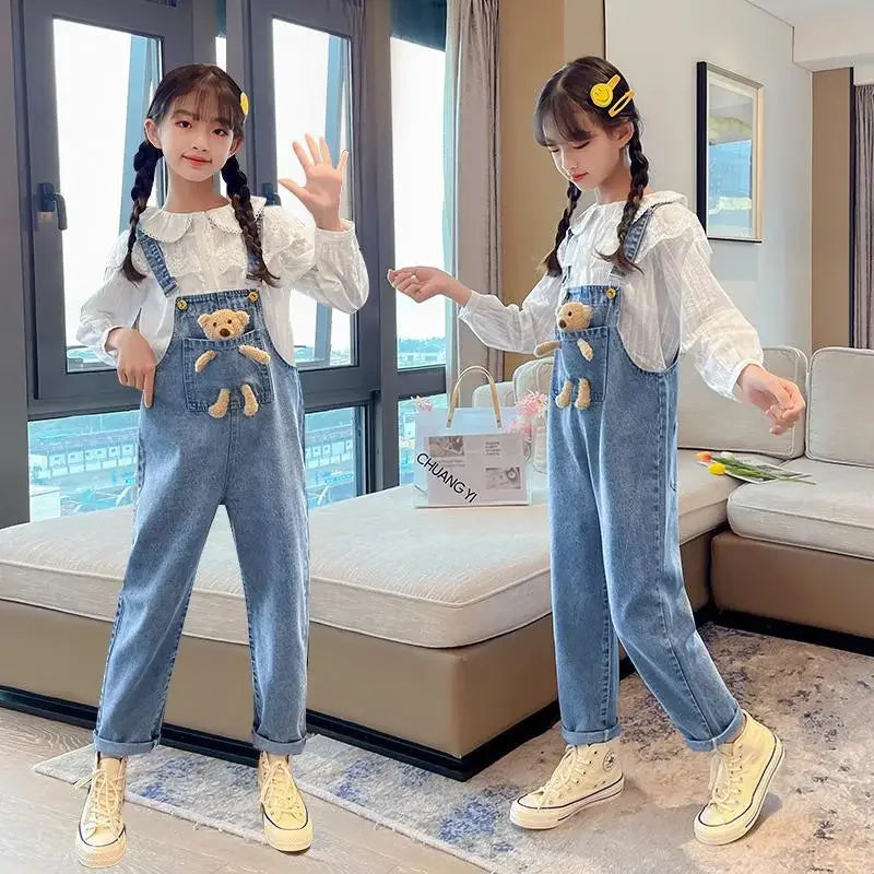 2024 Spring Autumn Children Denim Bib Jumpsuit Pockets with Bear Kids Overalls Jeans for Girls Teenage Girls Suspender Trousers