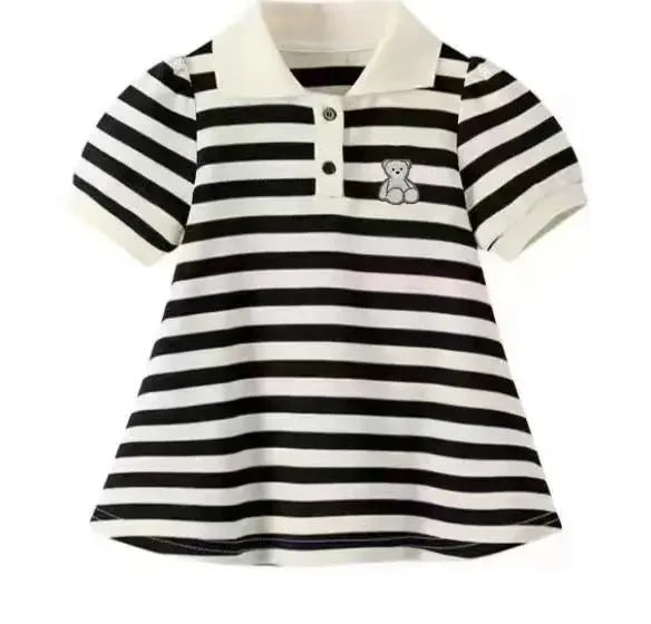 Summer Girl Dress Bear Embroidered Polo Neck Dresses Striped A-line Skirt Princess Skirt Soft and Comfortable Children Clothes