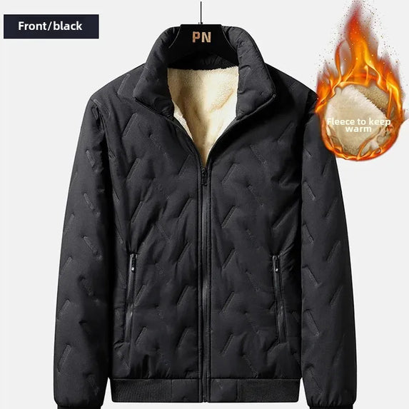 Men's Cotton Jacket Lamb Velvet Winter Loose Outerwear Fleece Lined Thick Warm Windproof Stand Collar Casual Jacket