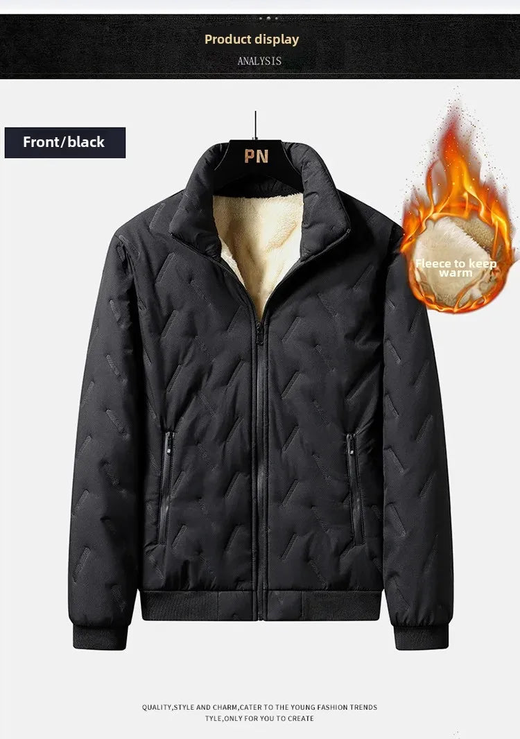 Men's Cotton Jacket Lamb Velvet Winter Loose Outerwear Fleece Lined Thick Warm Windproof Stand Collar Casual Jacket