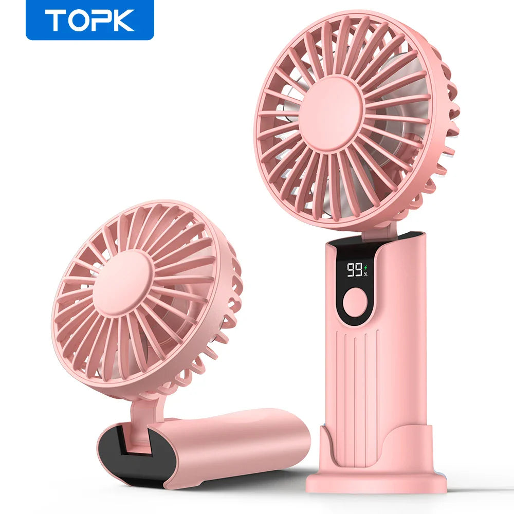 TOPK 5000mAh Mini Portable Fan USB Rechargeable Hand Held Fan,Small Pocket Fan 3 Speeds with Lanyard &Base,USB Desk Fan Foldable