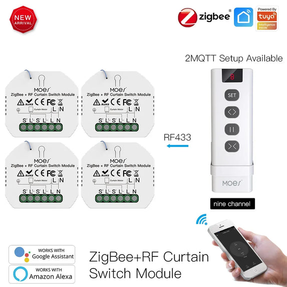 MoesHouse DIY ZigBee Smart RF433 Curtain Switch Module  for Motorized Roller Blinds Motor 2MQTT Smart Life APP Alexa Google Home