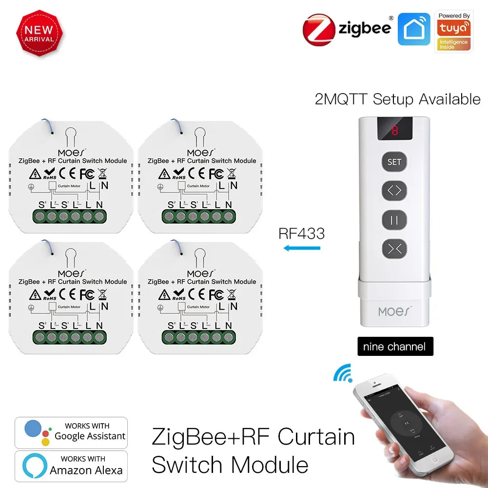 MoesHouse DIY ZigBee Smart RF433 Curtain Switch Module  for Motorized Roller Blinds Motor 2MQTT Smart Life APP Alexa Google Home