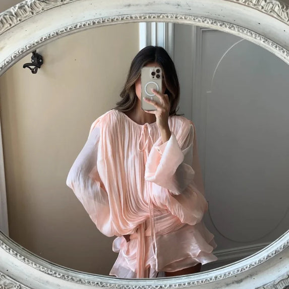 Summer Shiny Skinny Pleated Mini Dress Elegant Solid Lace Up Lantern Sleeve Vacation Vestidos 2025 Lady Evening Party Robes New