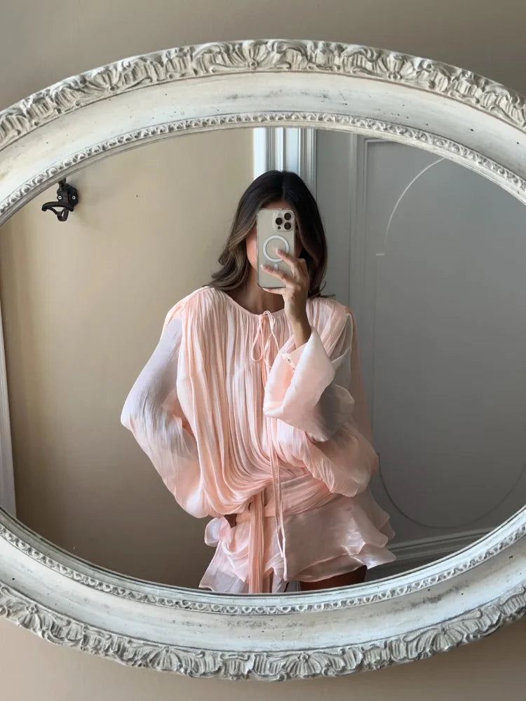Summer Shiny Skinny Pleated Mini Dress Elegant Solid Lace Up Lantern Sleeve Vacation Vestidos 2025 Lady Evening Party Robes New
