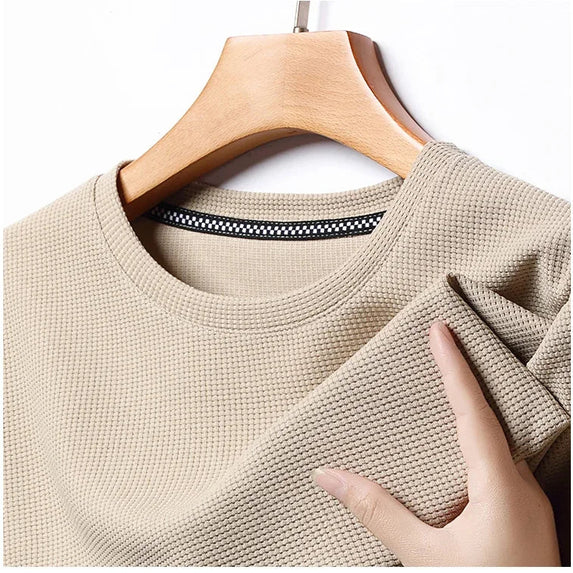 New Summer Waffle Round Neck Short Sleeved T-shirt for Men's Short Sleeved Top