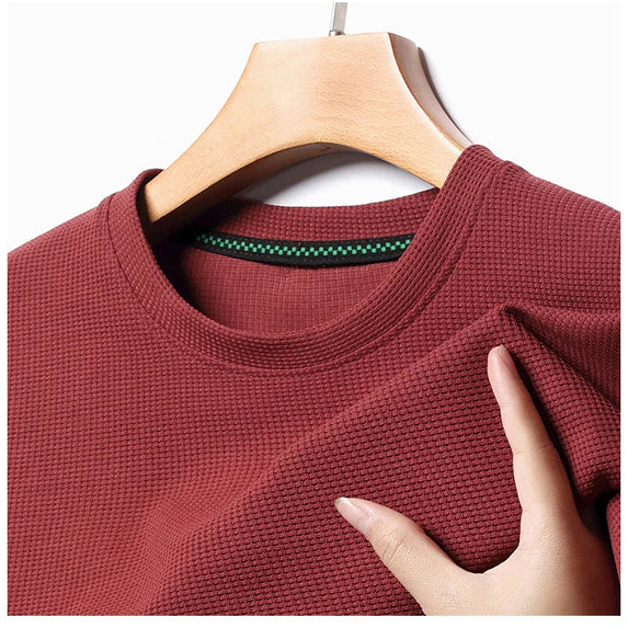 New Summer Waffle Round Neck Short Sleeved T-shirt for Men's Short Sleeved Top