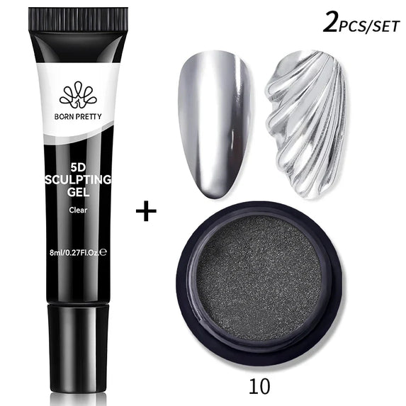 BORN PRETTY 2Pcs/Set 8ml 5D Sculpting Gel with Solid Mirror Powder DIY Nail Embossing Gel for Painting Carving Nails