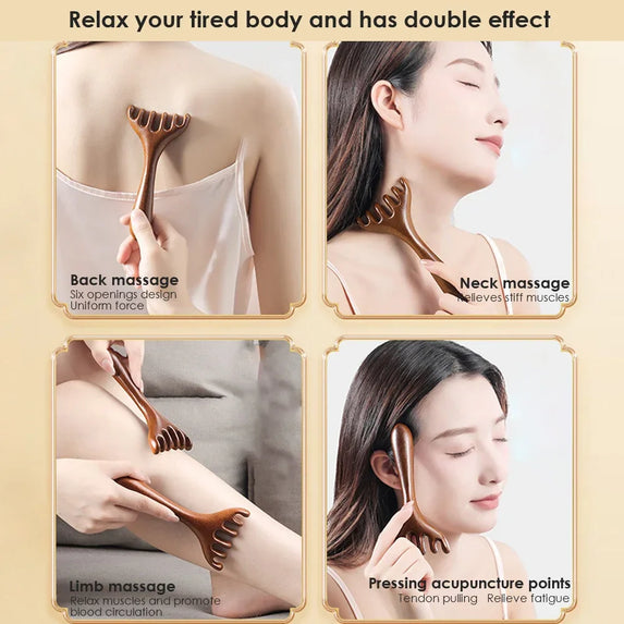 Alwafore Natural Sandalwood Massage Comb Six-Claw Head Acupoint Massage Gua Sha Tool Neck Face Lifting Scraping Massager